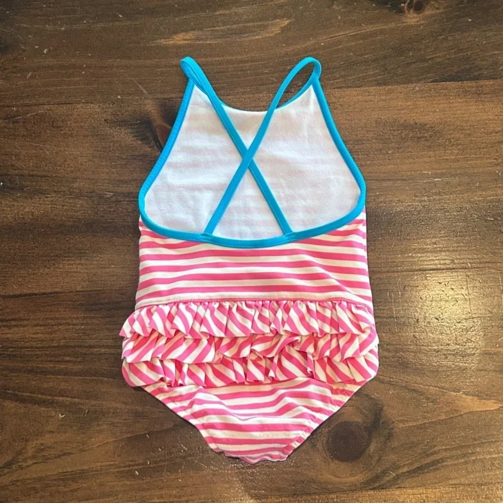 Ralph Lauren Baby Girls Pink Striped Ruffle Butt Big Pony One Piece Swimsuit 12M